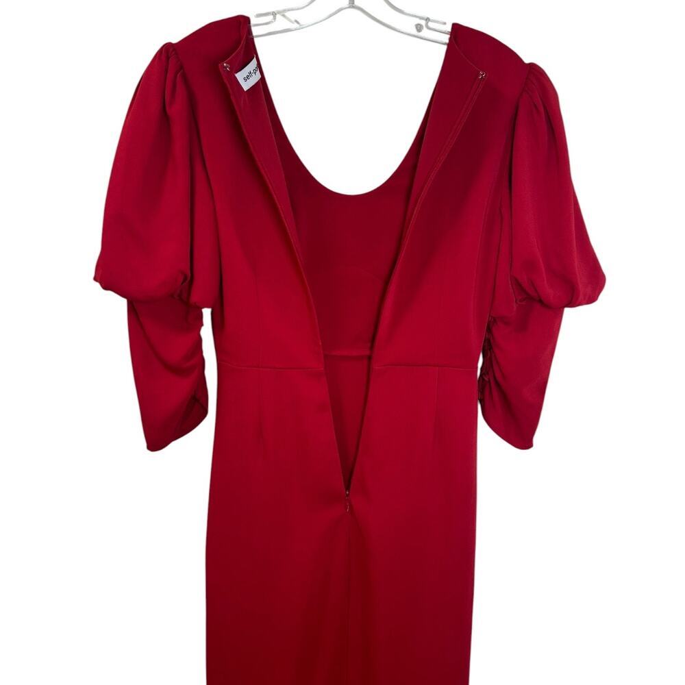 SELF-PORTRAIT, Crepe Midi Dress Puff Sleeve Side-Split Stretch Red SZ 0 US, 4 UK - Picture 9 of 14